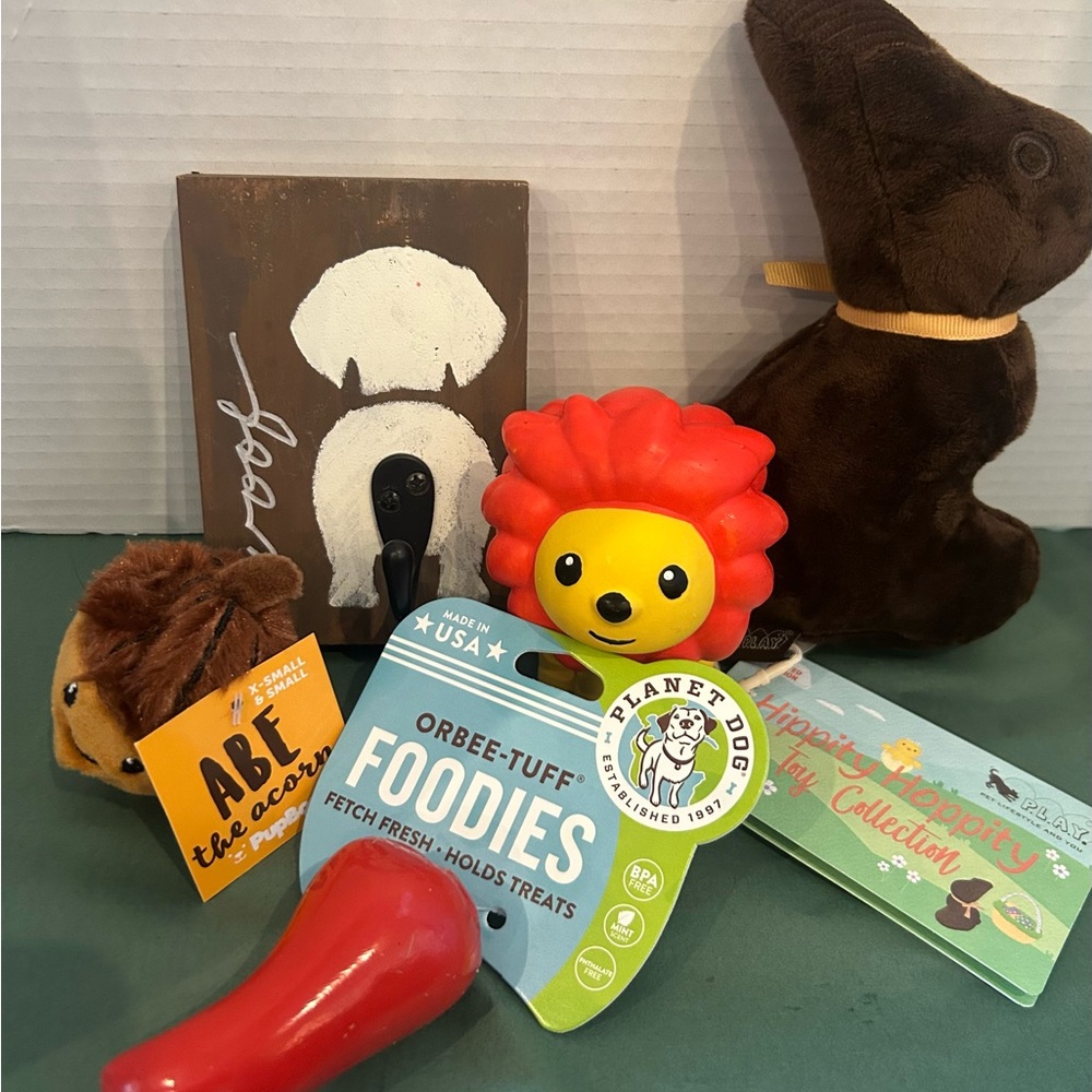 Dog Toy Bundle with Red and Brown Toys and cute wall hook. Woof